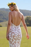 Lace Ivory Deep V-Neck Mermaid Sweep Train Wedding Dress
