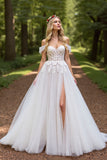 Tulle A-Line Ivory Sweep Train Wedding Dress with Slit