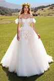 Tulle A-Line Corset Ivory Sweep Train Wedding Dress with Appliques