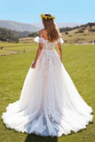 Tulle A-Line Corset Ivory Sweep Train Wedding Dress with Appliques