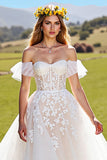 Tulle A-Line Corset Ivory Sweep Train Wedding Dress with Appliques