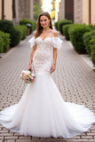 Tulle Ivory Cold Shoulder Mermaid Sweep Train Wedding Dress with Lace