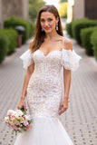 Tulle Ivory Cold Shoulder Mermaid Sweep Train Wedding Dress with Lace