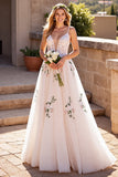 Ivory Deep V-Neck Floral Sweep Train Tulle Wedding Dress with Lace