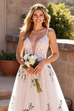 Ivory Deep V-Neck Floral Sweep Train Tulle Wedding Dress with Lace
