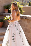 Ivory Deep V-Neck Floral Sweep Train Tulle Wedding Dress with Lace