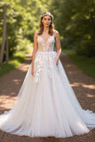A-Line Tulle Corset Ivory Sweep Train Wedding Dress with Lace