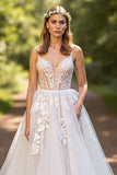 A-Line Tulle Corset Ivory Sweep Train Wedding Dress with Lace