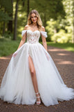 Tulle A-Line Corset Ivory Sweep Train Wedding Dress with Slit