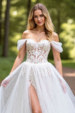 Tulle A-Line Corset Ivory Sweep Train Wedding Dress with Slit
