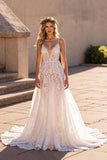 Ivory A Line Lace Corset Deep V-Neck Sweep Train Wedding Dress