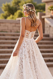 Ivory A Line Lace Corset Deep V-Neck Sweep Train Wedding Dress