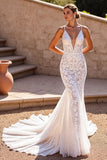 Lace Corset Spaghetti Straps Mermaid Ivory Sweep Train Wedding Dress