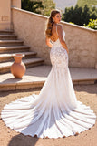 Lace Corset Spaghetti Straps Mermaid Ivory Sweep Train Wedding Dress