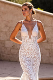 Lace Corset Spaghetti Straps Mermaid Ivory Sweep Train Wedding Dress