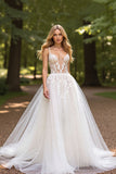 Deep V-Neck Tulle Ball Gown Ivory Wedding Dress with Appliques