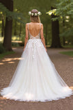Deep V-Neck Tulle Ball Gown Ivory Wedding Dress with Appliques