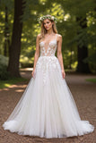 Deep V-Neck Tulle Ball Gown Ivory Wedding Dress with Appliques