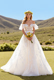 Ivory Tulle Short Sleeves Sweep Train Wedding Dress with Lace