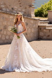 Deep V-Neck Lace Floral Ivory Sweep Train Wedding Dress