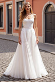 Sparkly Ivory Chiffon Corset Scoop Neck Boho Wedding Dress with Beading