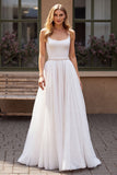 Sparkly Ivory Chiffon Corset Scoop Neck Boho Wedding Dress with Beading