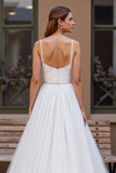 Sparkly Ivory Chiffon Corset Scoop Neck Boho Wedding Dress with Beading