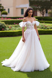 Tulle Ivory Corset Ruffled Ball Gown Wedding Dress with Lace