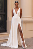 Simple Satin Sheath Ivory V-Neck Sweep Train Wedding Dress with Slit