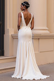 Simple Satin Sheath Ivory V-Neck Sweep Train Wedding Dress with Slit