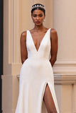 Simple Satin Sheath Ivory V-Neck Sweep Train Wedding Dress with Slit