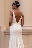 Simple Satin Sheath Ivory V-Neck Sweep Train Wedding Dress with Slit