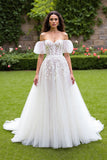 Tulle Puff Sleeves Corset Ivory Sweep Train Wedding Dress with Appliques