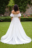 Tulle Puff Sleeves Corset Ivory Sweep Train Wedding Dress with Appliques