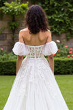Tulle Puff Sleeves Corset Ivory Sweep Train Wedding Dress with Appliques