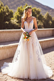 Corset Deep V-Neck Backless Ivory Wedding Dress with Appliques