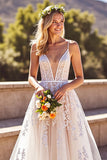 Corset Deep V-Neck Backless Ivory Wedding Dress with Appliques