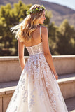 Corset Deep V-Neck Backless Ivory Wedding Dress with Appliques