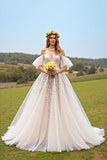 Apricot Ruffled Tulle Ball Gown Sweep Train Wedding Dress with Appliques