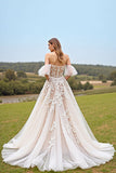 Apricot Ruffled Tulle Ball Gown Sweep Train Wedding Dress with Appliques