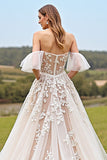 Apricot Ruffled Tulle Ball Gown Sweep Train Wedding Dress with Appliques