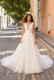 A Line Ivory Tulle Deep V-Neck Sweep Train Wedding Dress