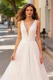 A Line Ivory Tulle Deep V-Neck Sweep Train Wedding Dress
