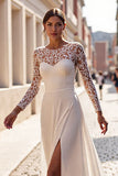 A Line Ivory Illusion Neck Chiffon Maxi Wedding Dress with Slit