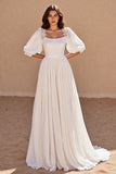 Chiffon Ivory A Line Puff Sleeves Sweep Train Wedding Dress