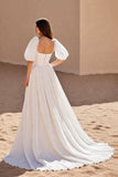 Chiffon Ivory A Line Puff Sleeves Sweep Train Wedding Dress