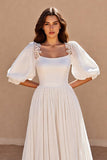 Chiffon Ivory A Line Puff Sleeves Sweep Train Wedding Dress