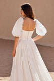 Chiffon Ivory A Line Puff Sleeves Sweep Train Wedding Dress