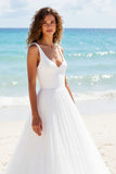 A Line Tulle Ivory V-Neck Backless Sweep Train Beach Wedding Dress