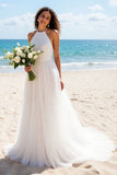 Ivory Halter A Line Tulle Backless Sweep Train Beach Wedding Dress